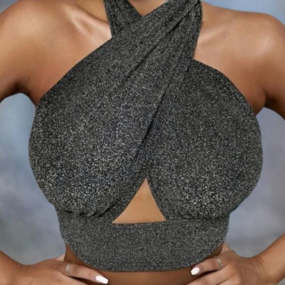 Metallic Gray Crisscross Cropped Halter Top - Picture 2 of 7